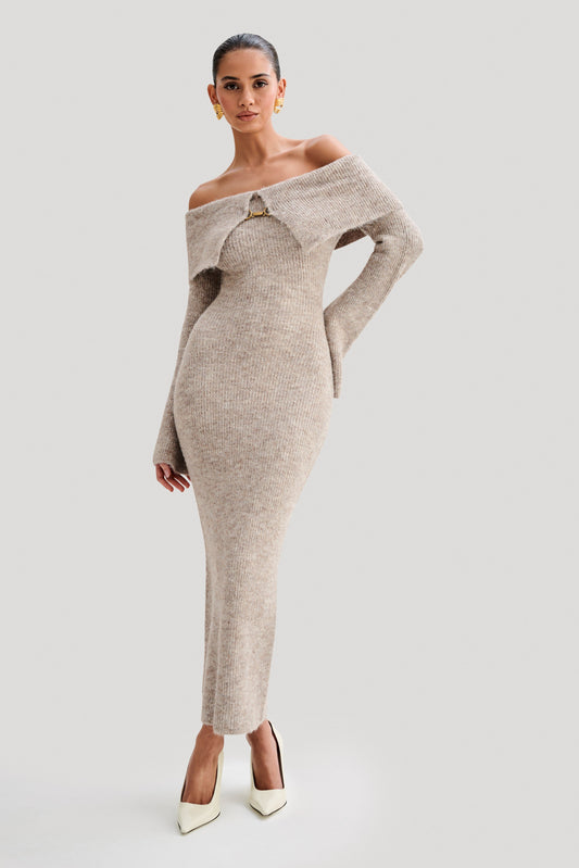 Women's off shoulder long sleeve midi dress, detail view