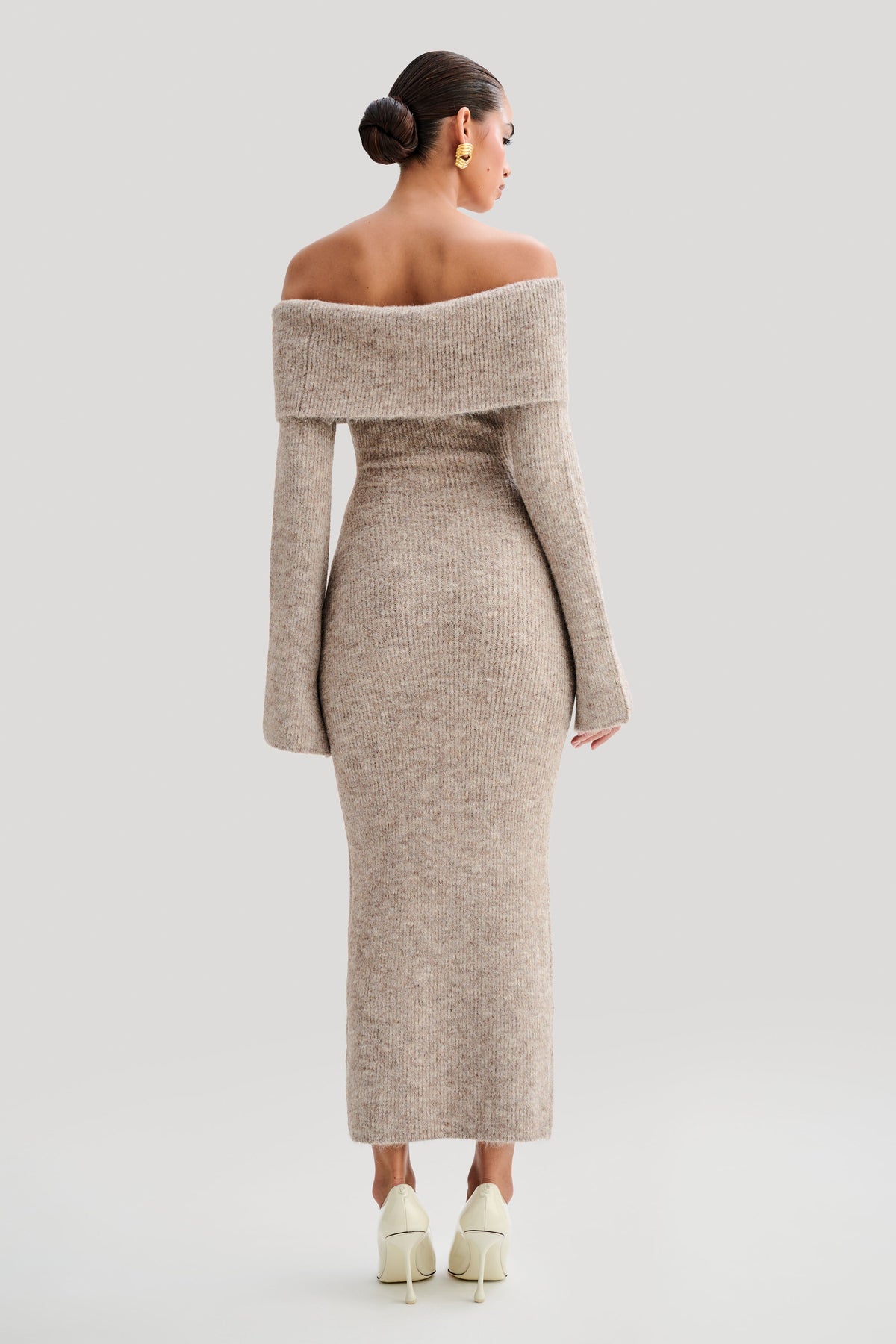 Women's off shoulder long sleeve midi dress, back view