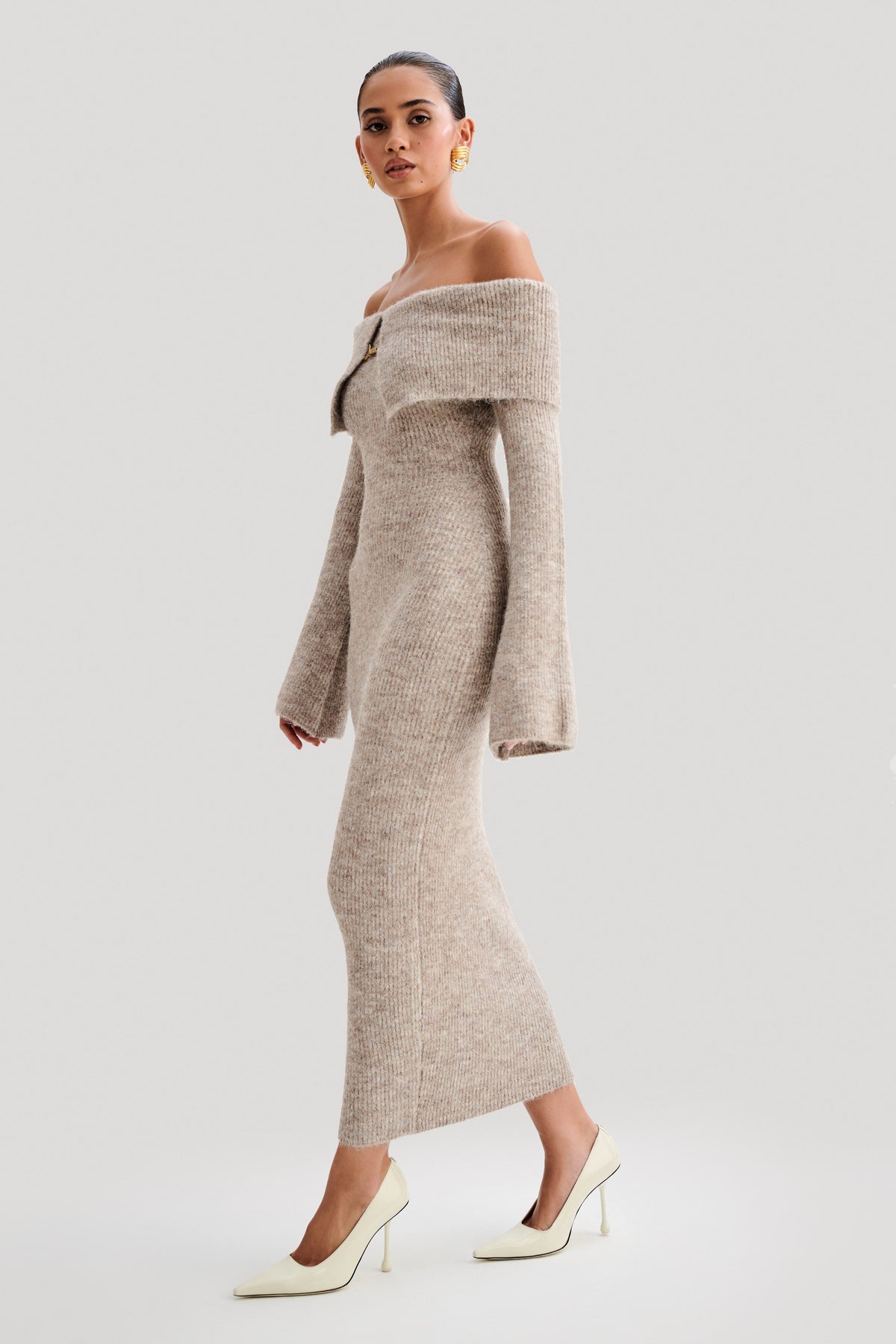 Women's off shoulder long sleeve midi dress, side view