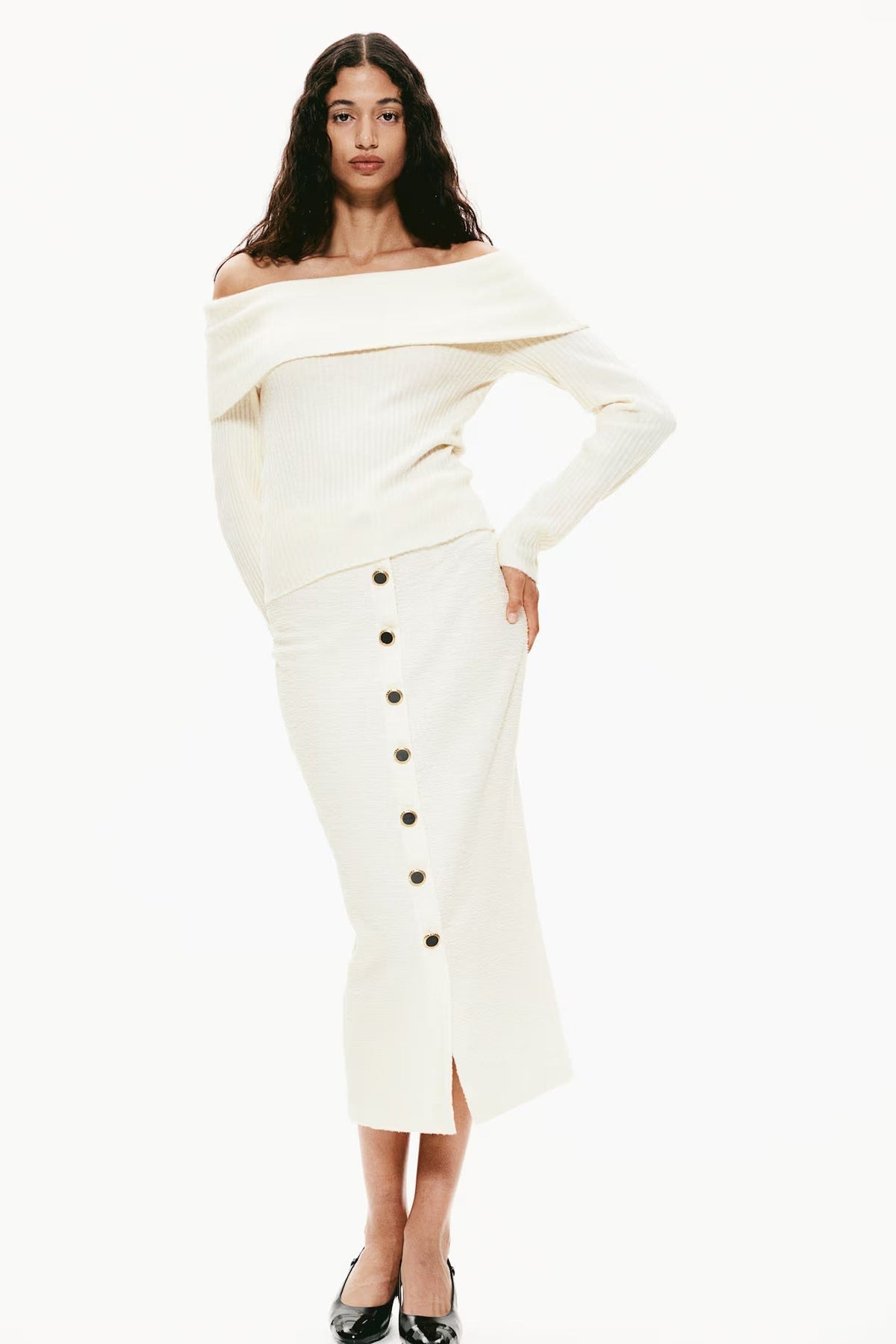 Women's off shoulder long sleeve top in off white, back view