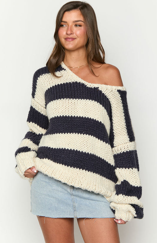 Women's off shoulder striped jumper in blue, front view
