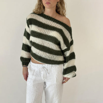 Women's off shoulder striped jumper in green, detail view