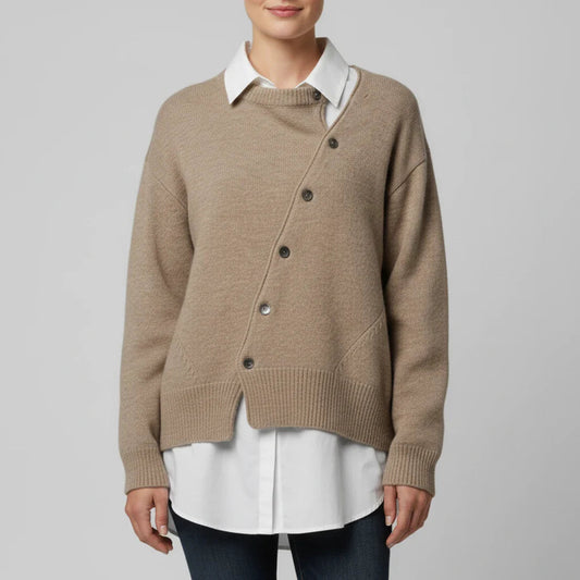 Women's oversized button-front ribbed cardigan in brown, front view