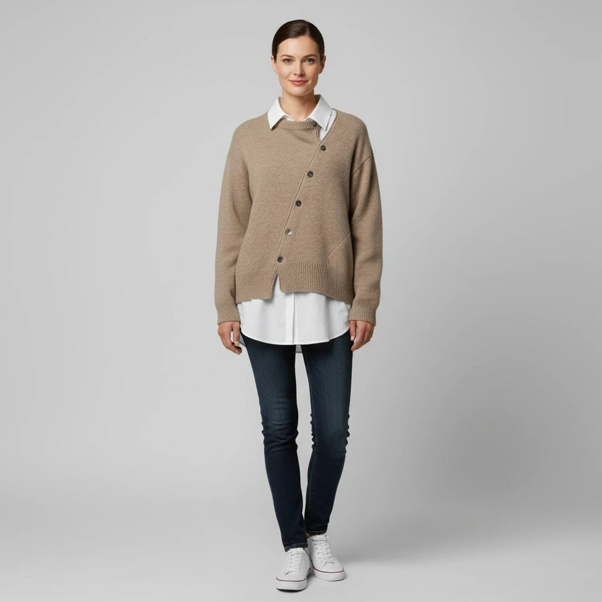 Women's oversized button-front ribbed cardigan in brown, side view