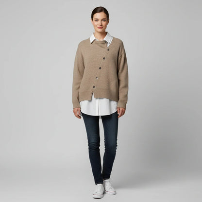 Women's oversized button-front ribbed cardigan in brown, side view
