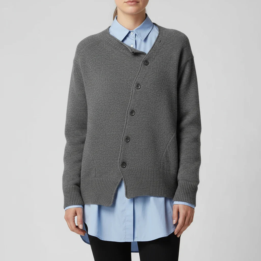 Women's oversized button-front ribbed cardigan in gray, back view