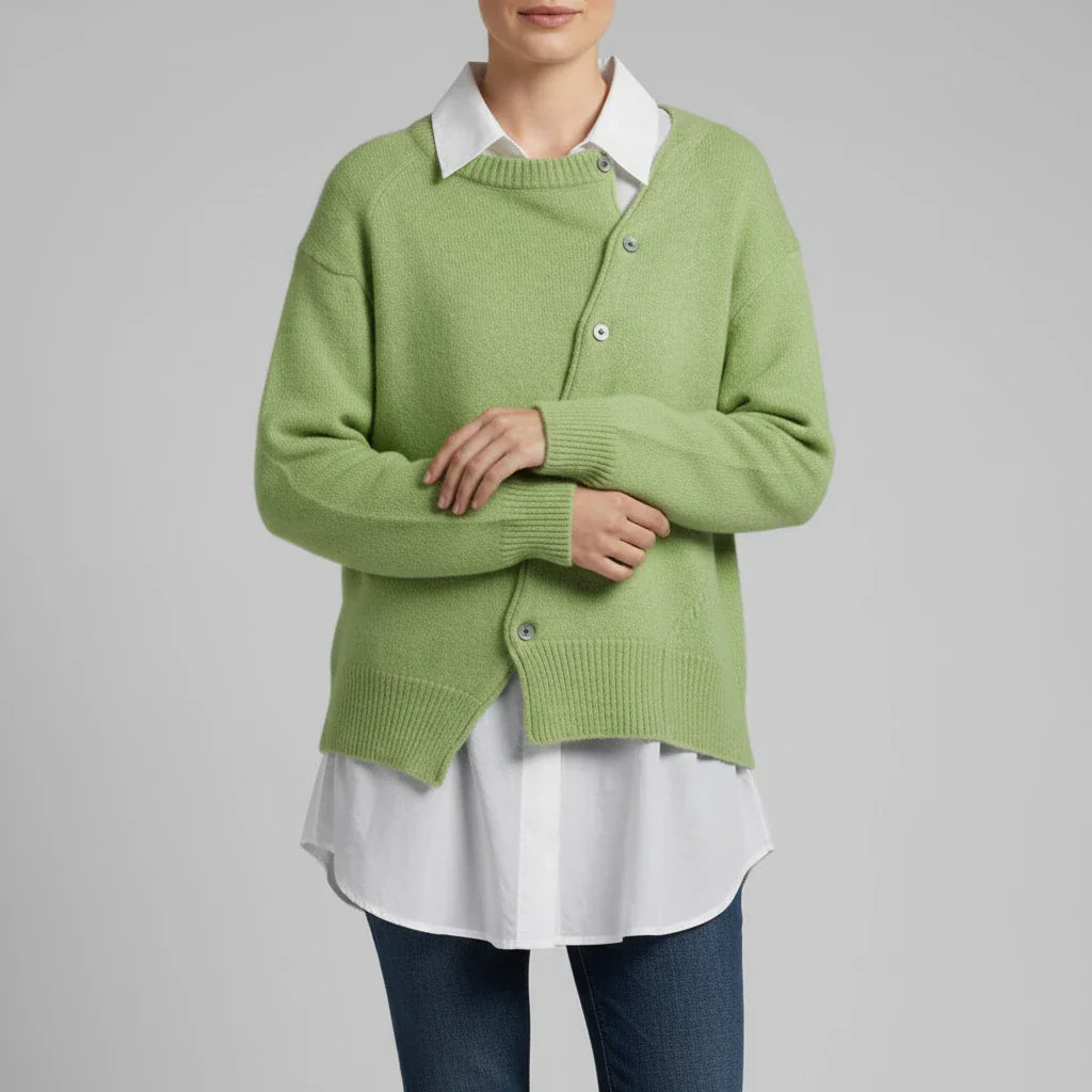 Women's oversized button-front ribbed cardigan in green, styled view