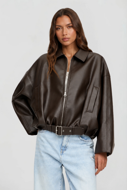 Women's oversized faux leather jacket, front view