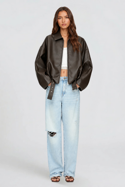 Women's oversized faux leather jacket, belted waist detail