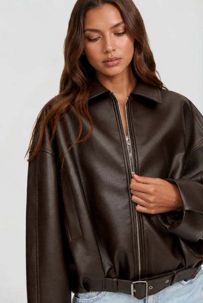 Women's oversized faux leather jacket, back view