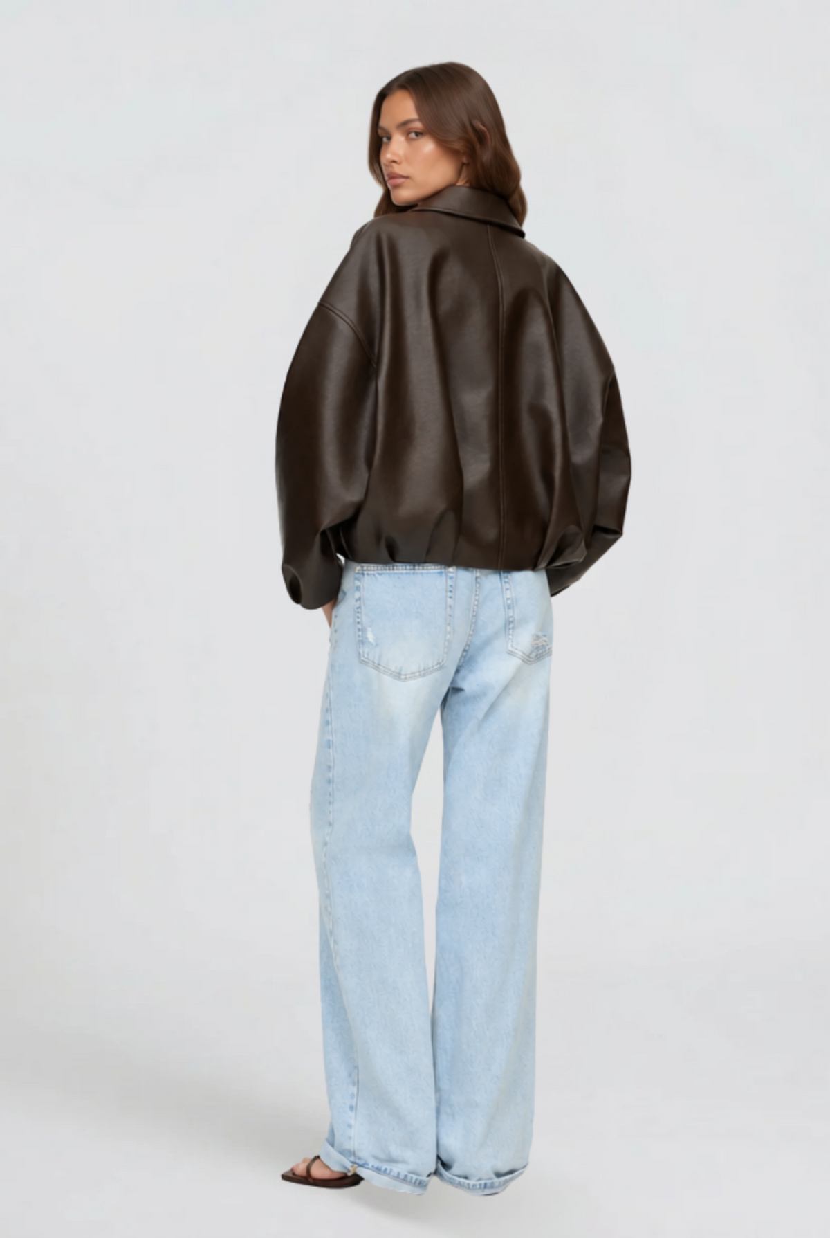Women's oversized faux leather jacket, styled view