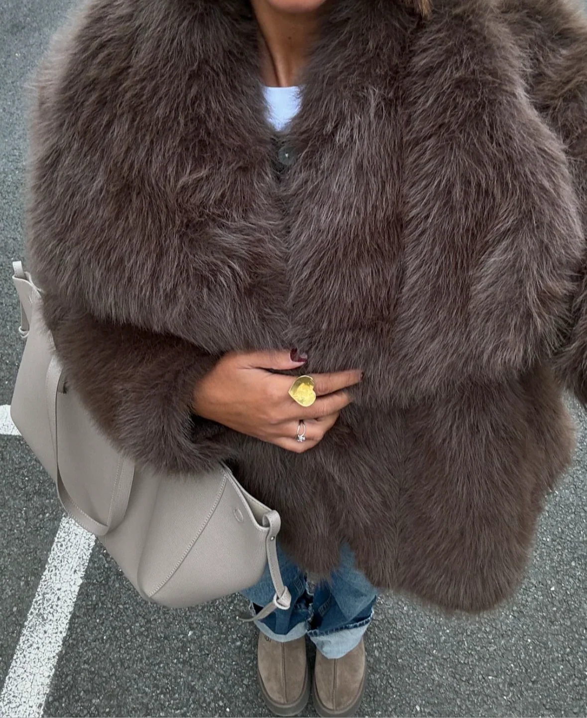 Women's oversized layering coat in brown, front view