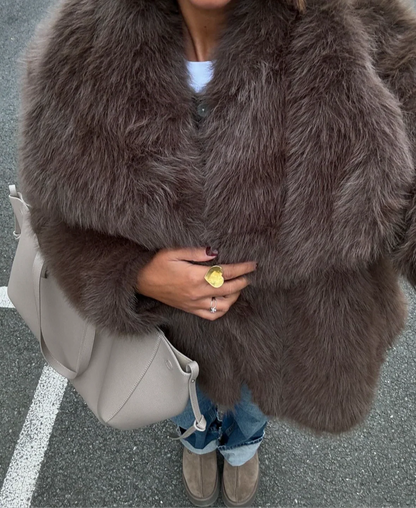 Women's oversized layering coat in brown, front view