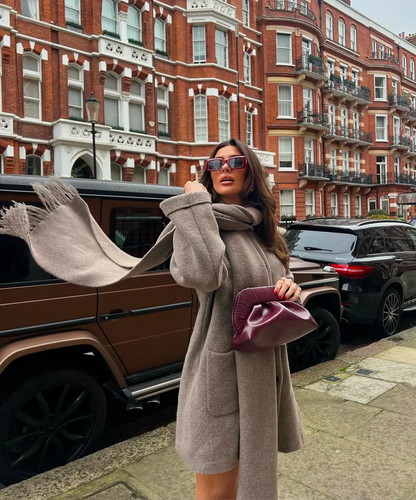 Women's oversized scarf winter coat in grey, front view