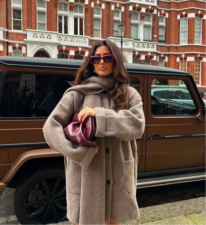 Women's oversized scarf winter coat in grey, side view