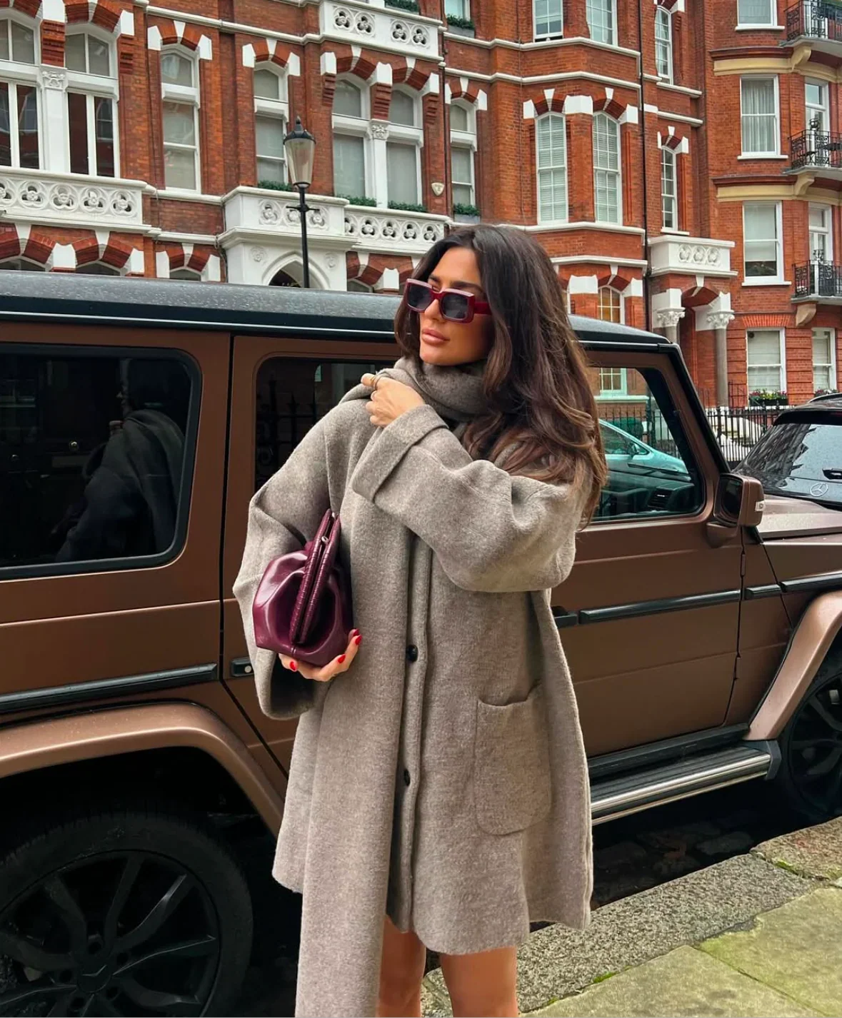Women's oversized scarf winter coat in grey, back view