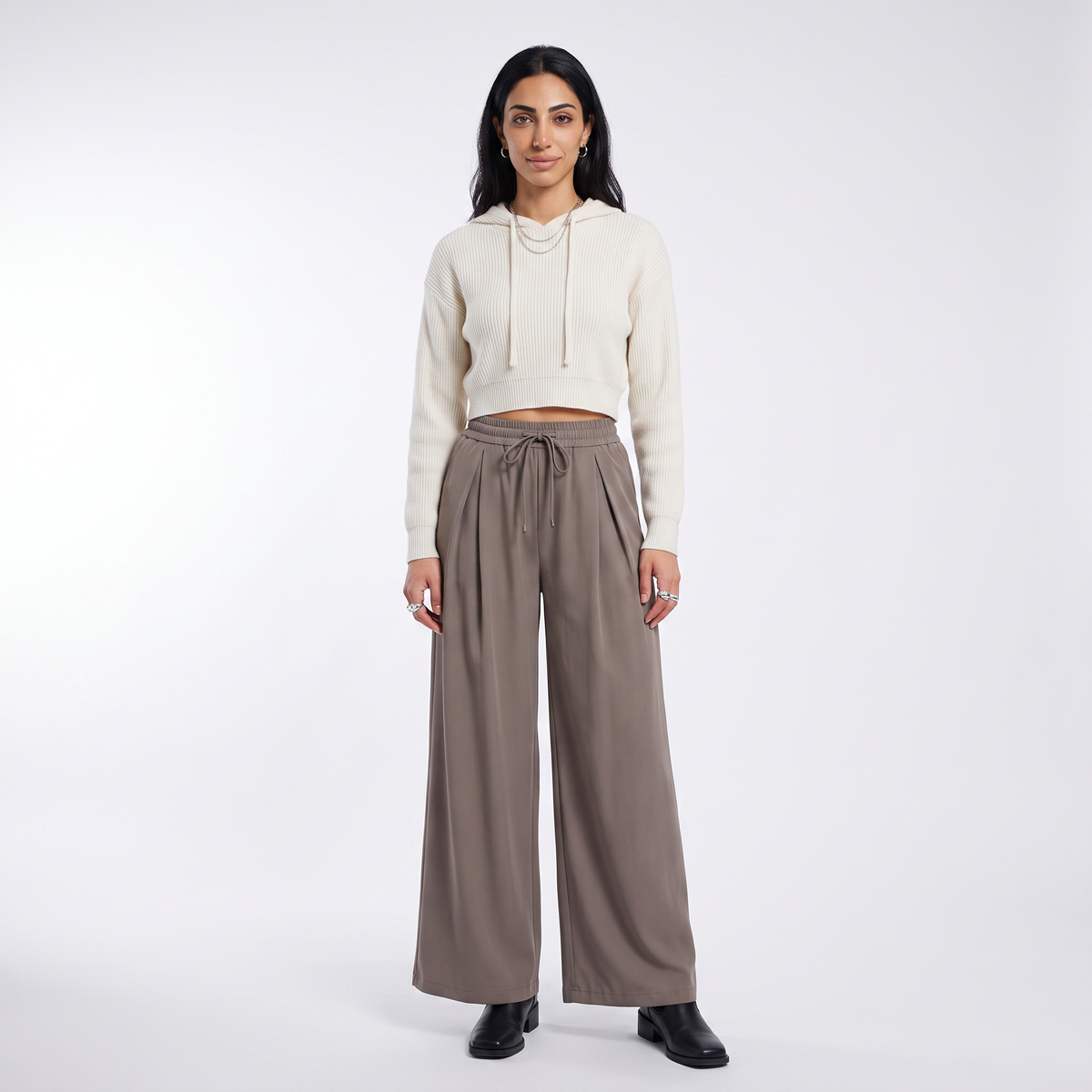 Women's pleated drawstring wide leg trousers in taupe, styled view