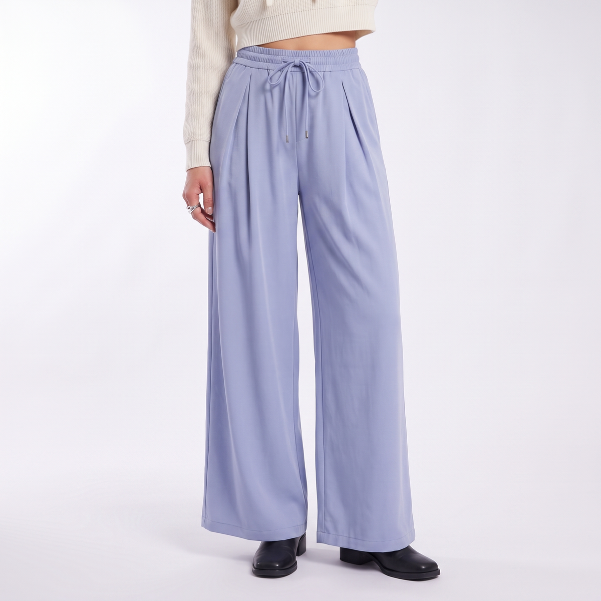 Women's pleated drawstring wide leg trousers in periwinkle, front view