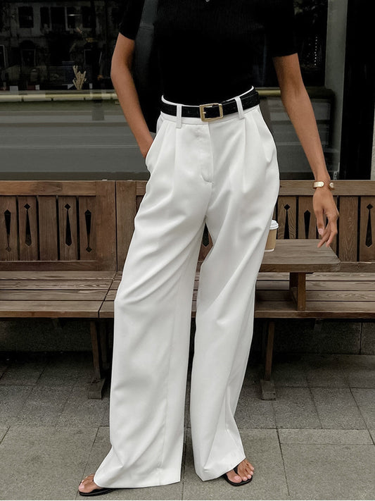Women's pleated high waist wide leg trousers in white, front view