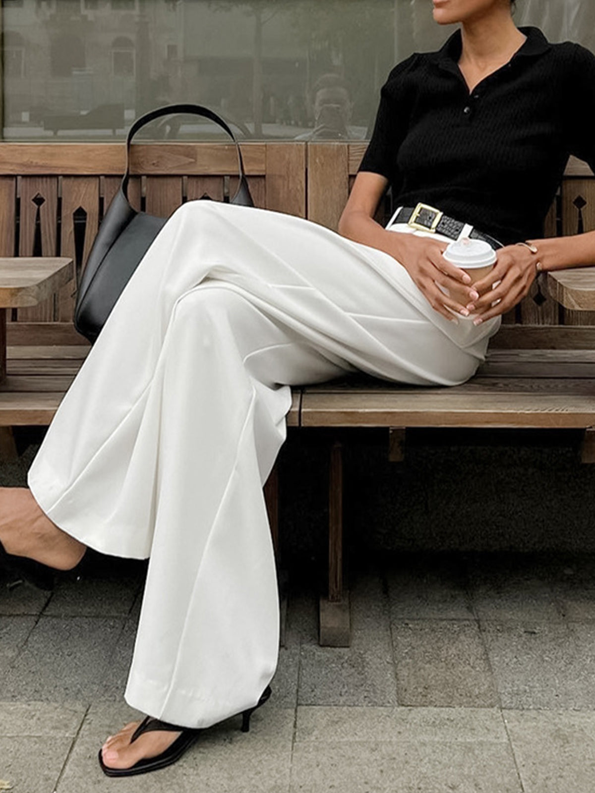 Women's pleated high waist wide leg trousers in white, back view