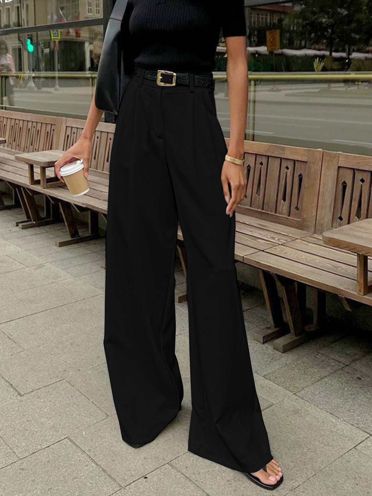Women's pleated high waist wide leg trousers in black, front view