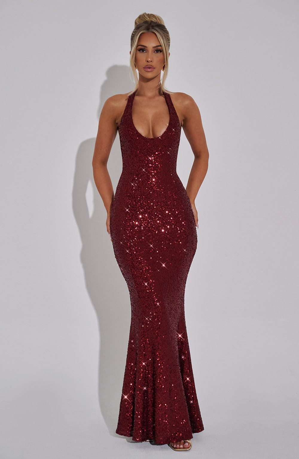 Women's refined maxi dress in wine red, front view