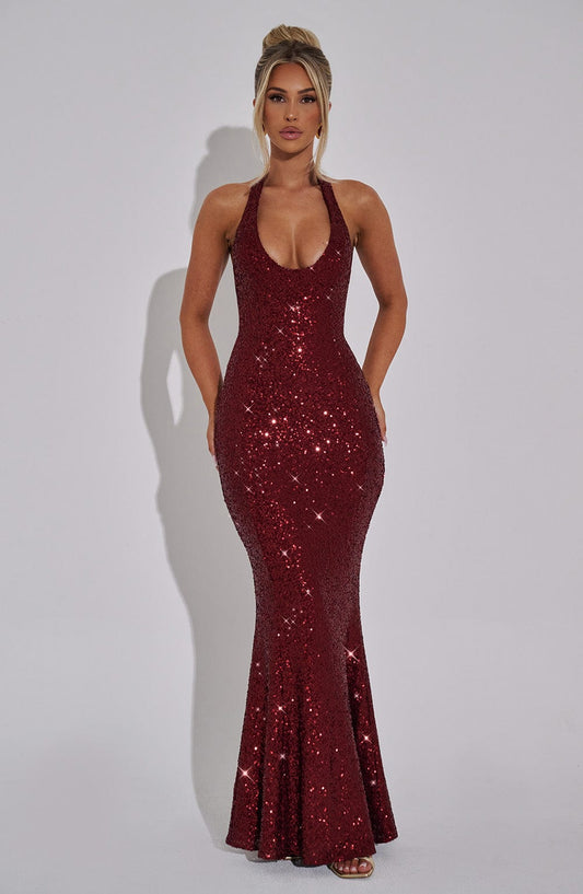 Women's refined maxi dress in wine red, front view