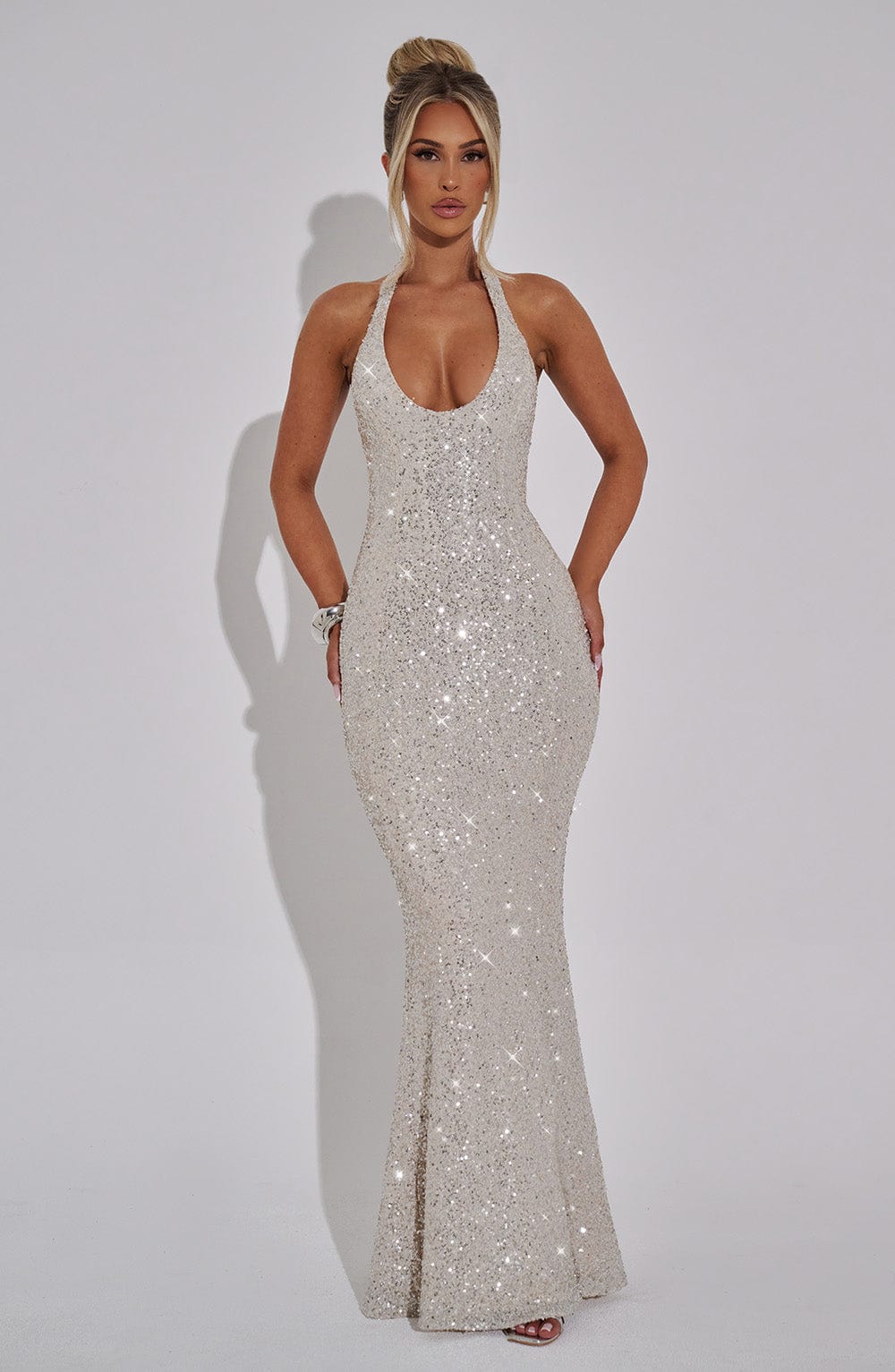 Women's refined maxi dress in silver, side view