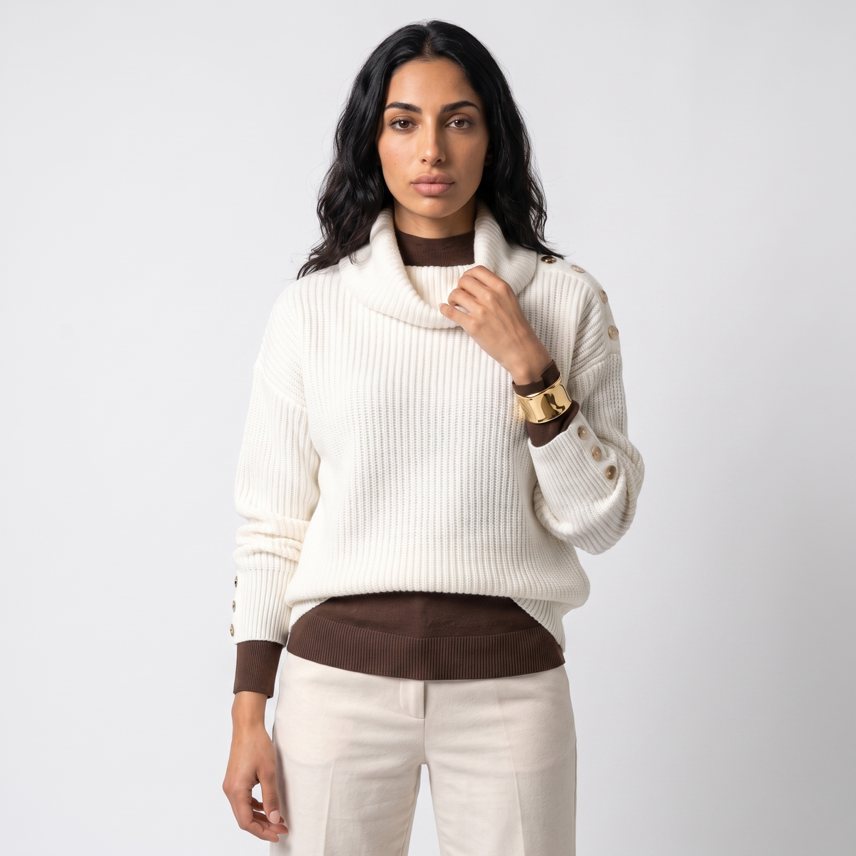 Women's ribbed cowl neck oversized jumper in white, front view
