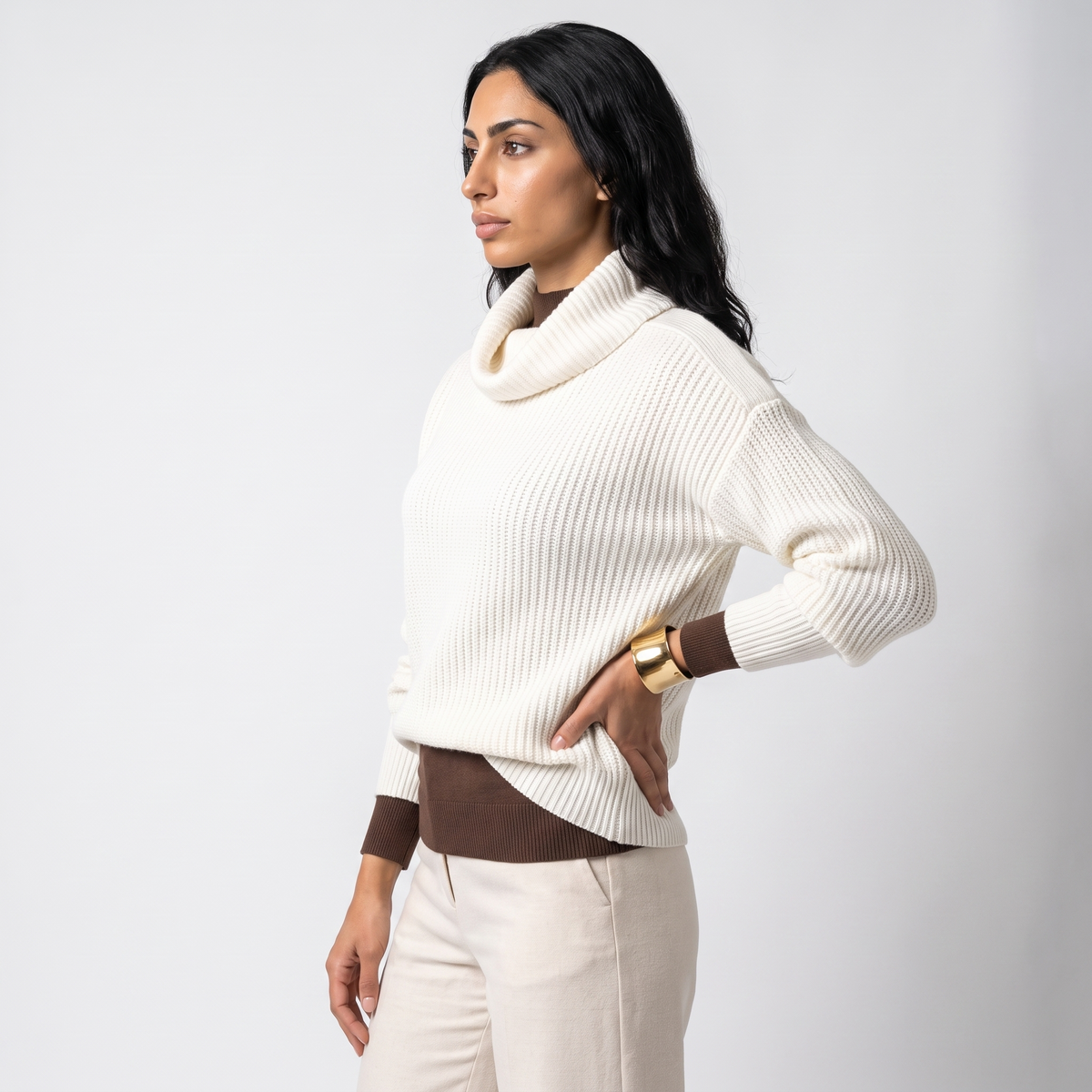 Women's ribbed cowl neck oversized jumper in white, side view