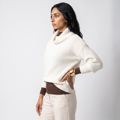 Women's ribbed cowl neck oversized jumper in white, side view