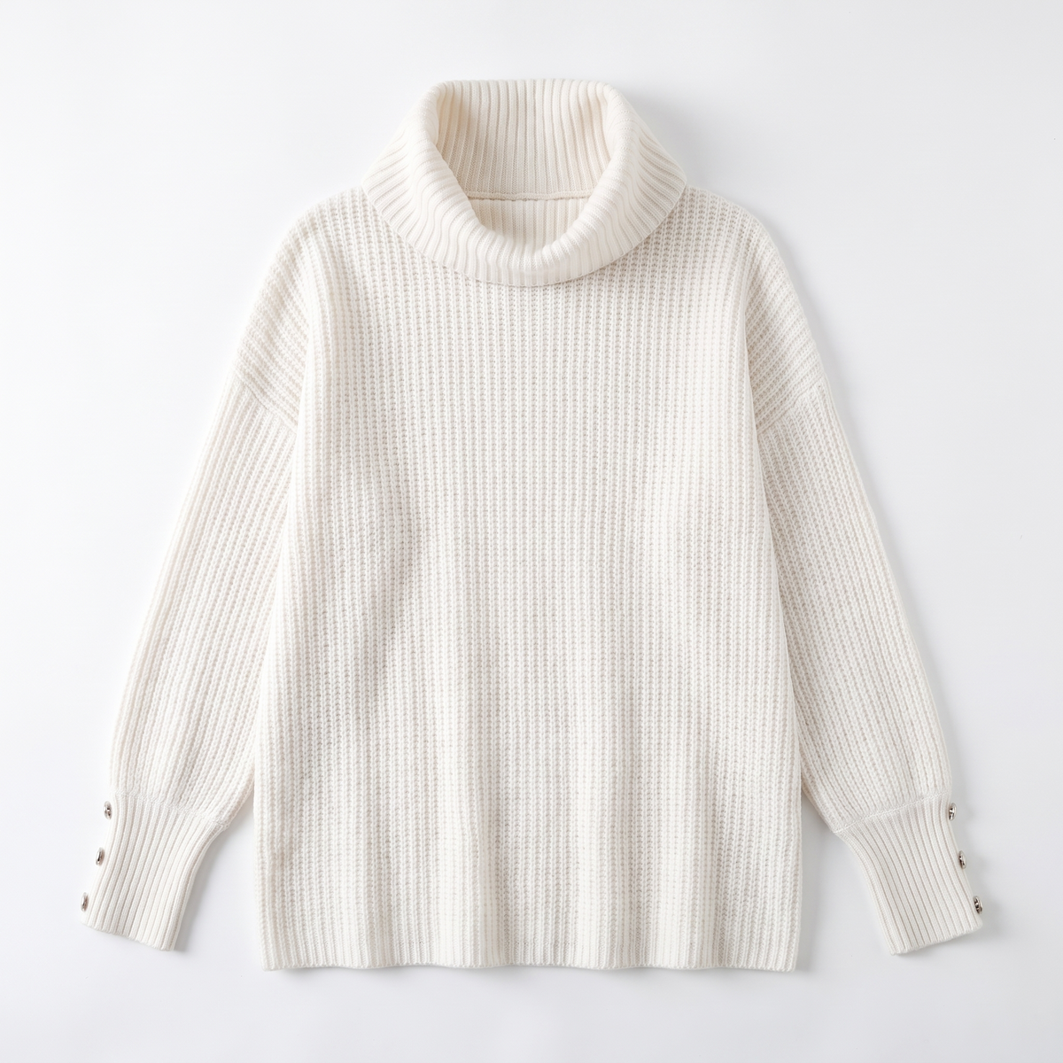 Women's ribbed cowl neck oversized jumper in white, flatlay view