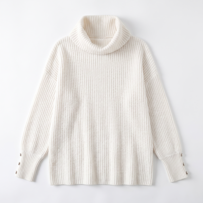 Women's ribbed cowl neck oversized jumper in white, flatlay view
