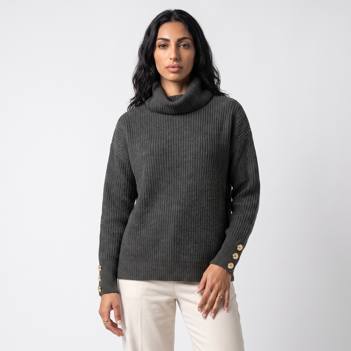 Women's ribbed cowl neck oversized jumper in black, front view