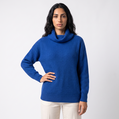 Women's ribbed cowl neck oversized jumper in blue, front view