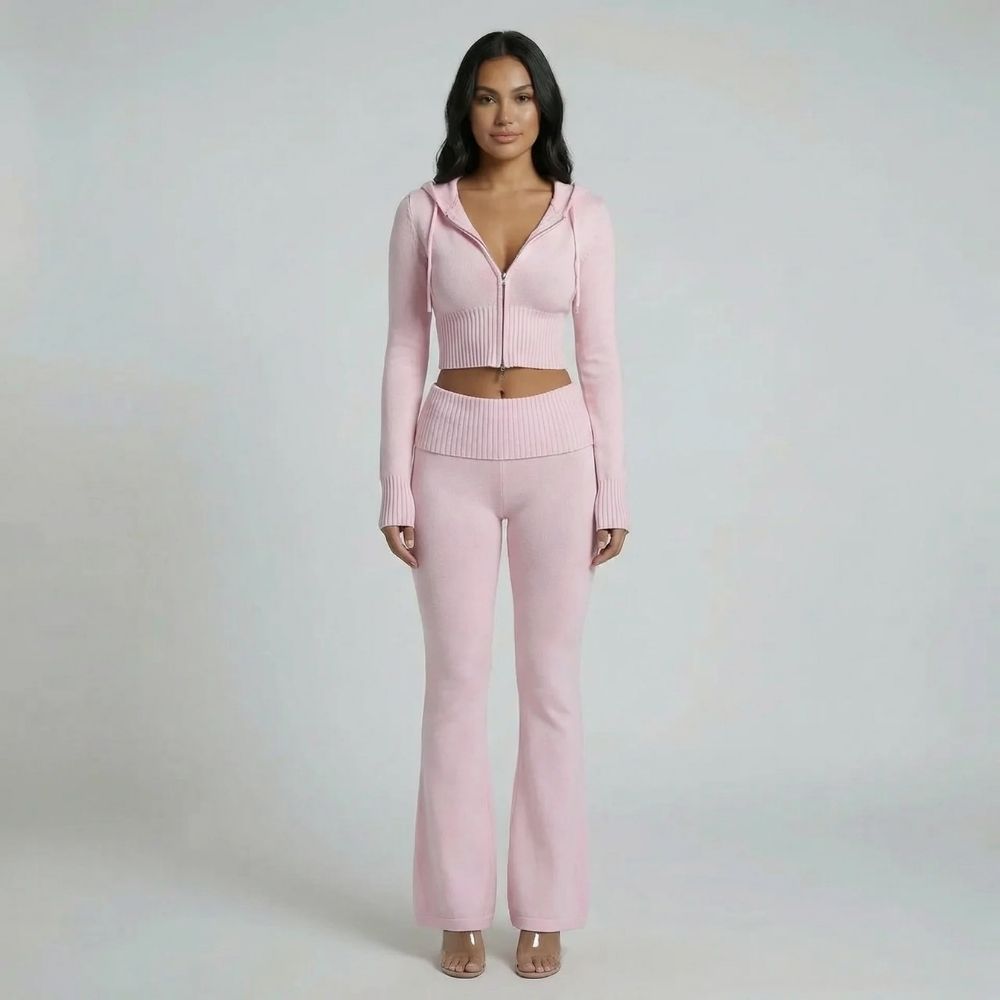 Women's ribbed cropped hoodie lounge set in pink, front view