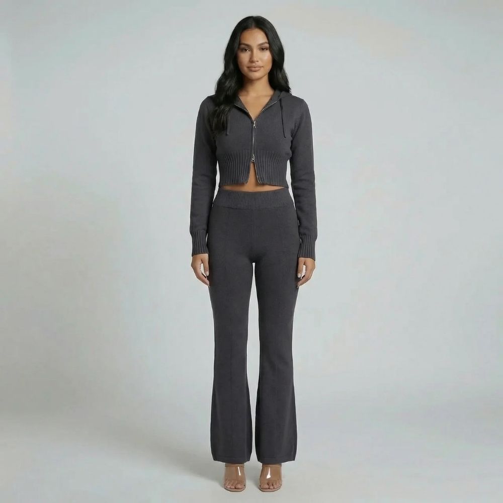 Women's ribbed cropped hoodie lounge set in gray, detail view