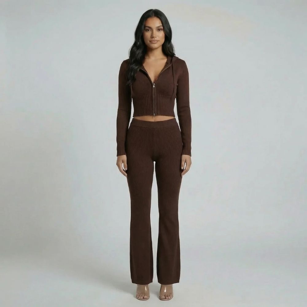 Women's ribbed cropped hoodie lounge set in brown, styled view