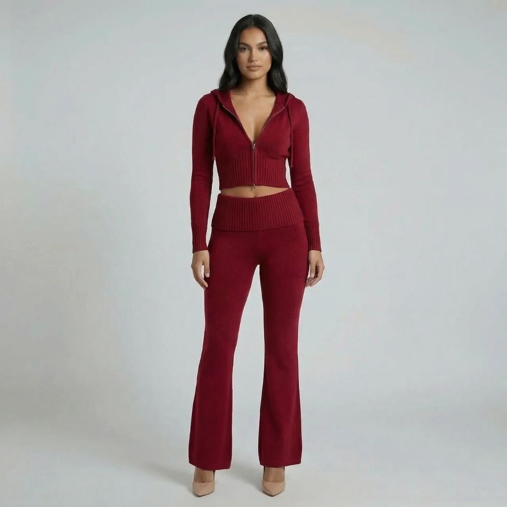Women's ribbed cropped hoodie lounge set in red, angled view