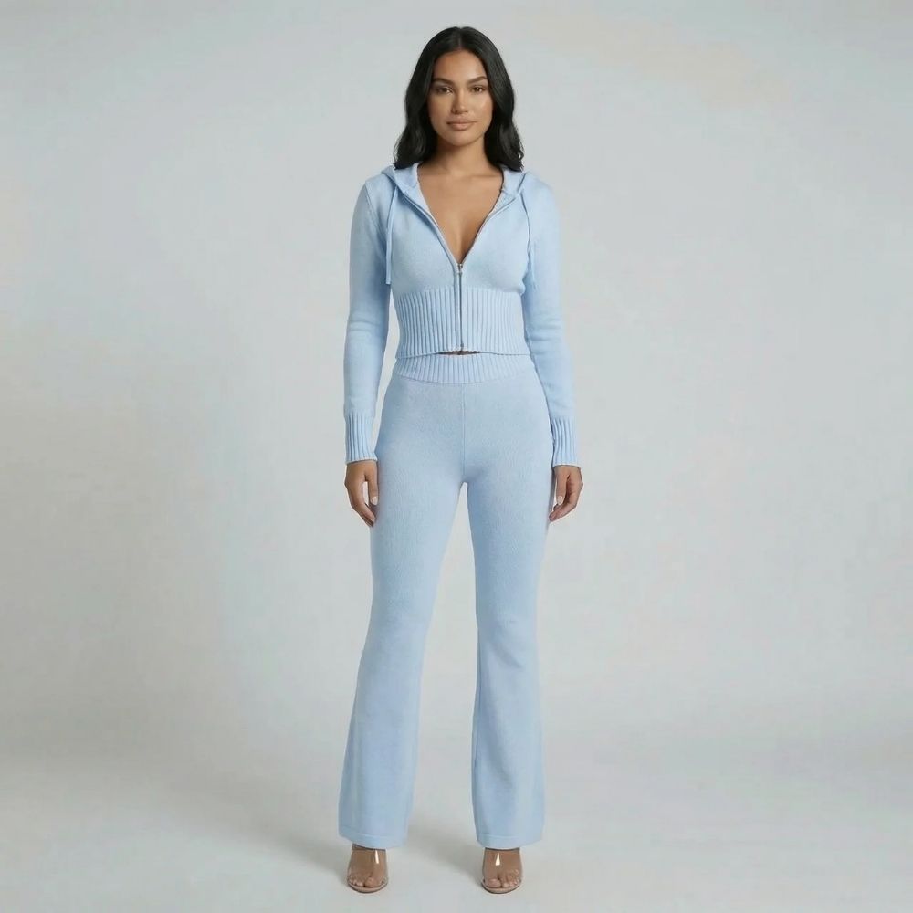 Women's ribbed cropped hoodie lounge set in blue