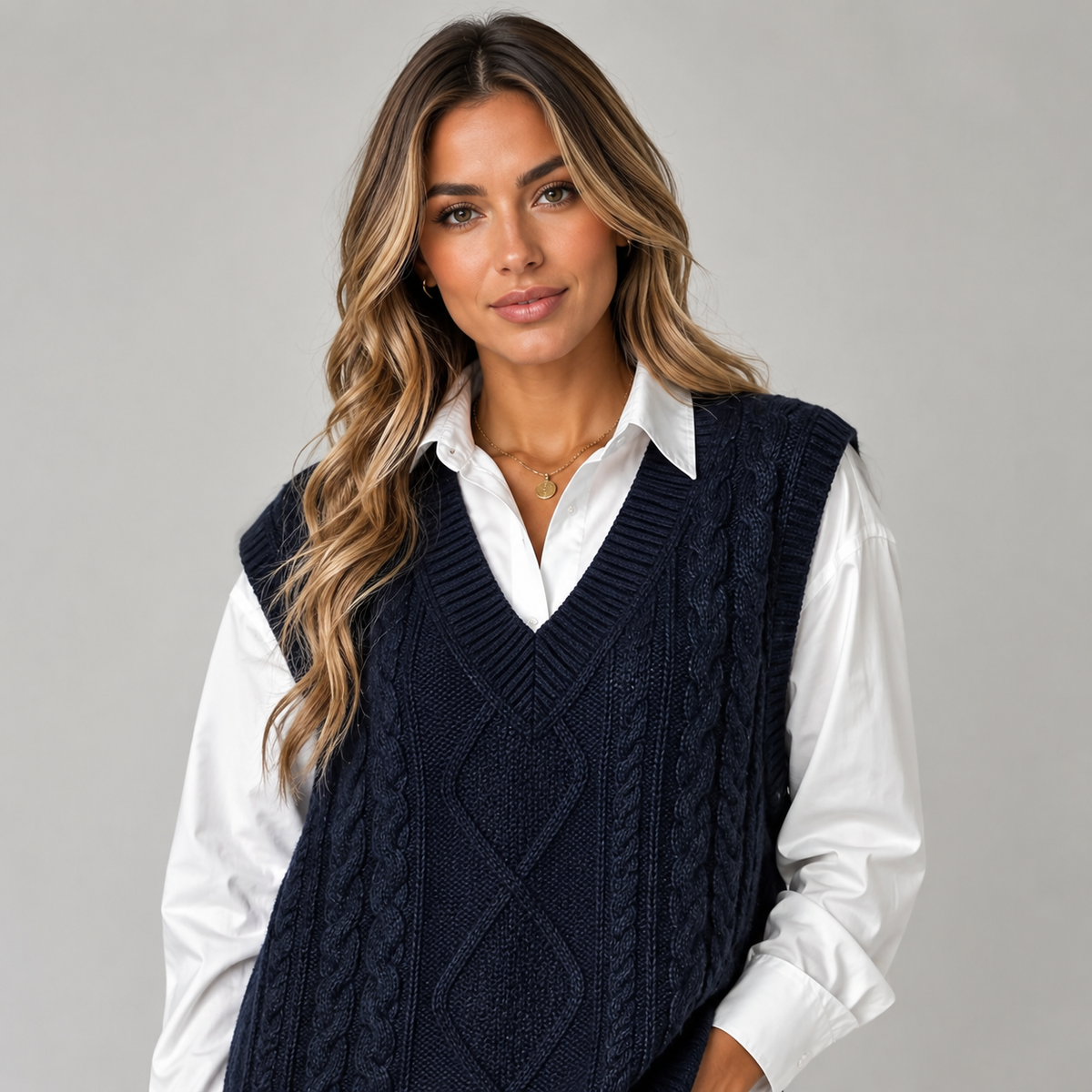 Women's ribbed knit v-neck sweater vest in grey, detail view