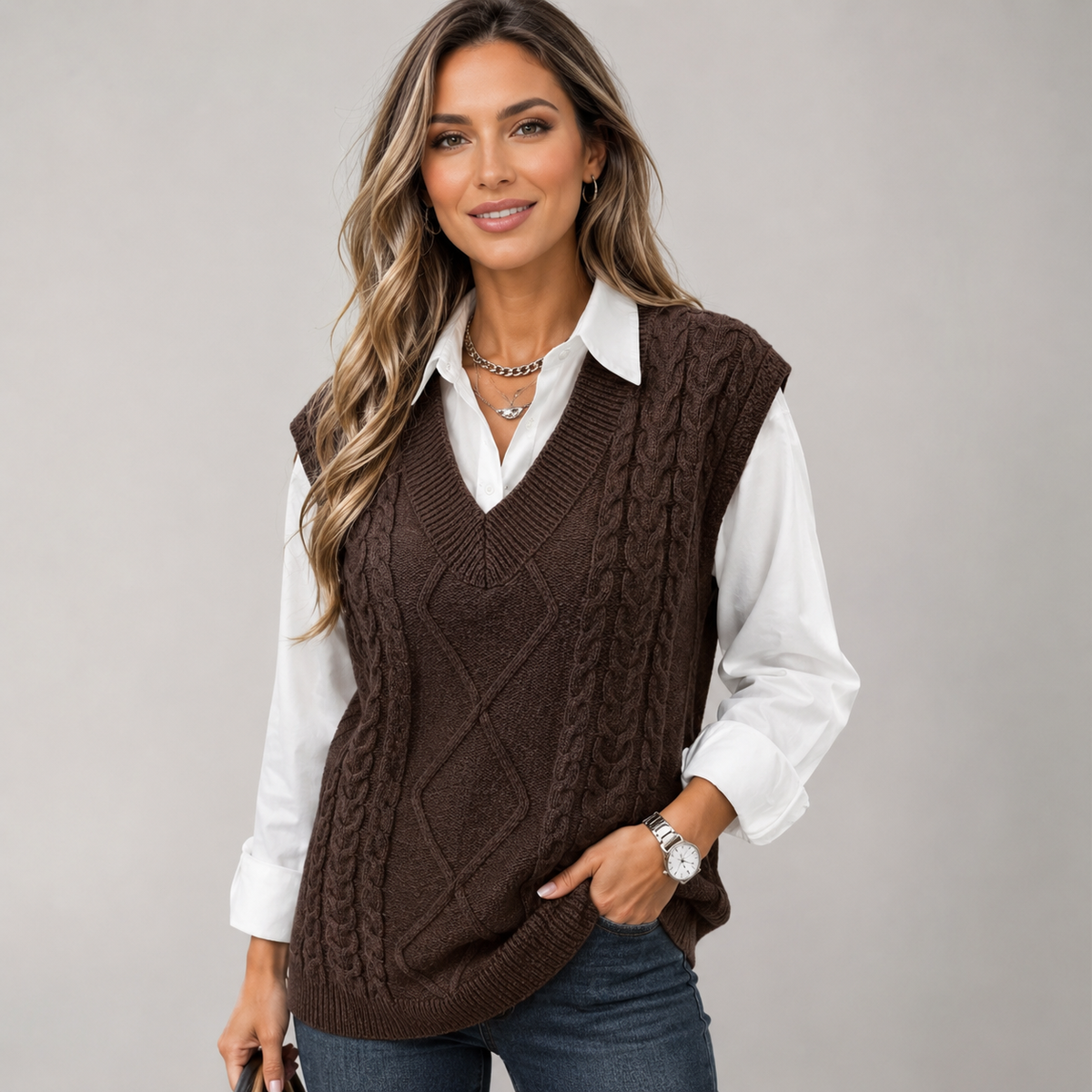 Women's ribbed knit v-neck sweater vest in grey, styled view