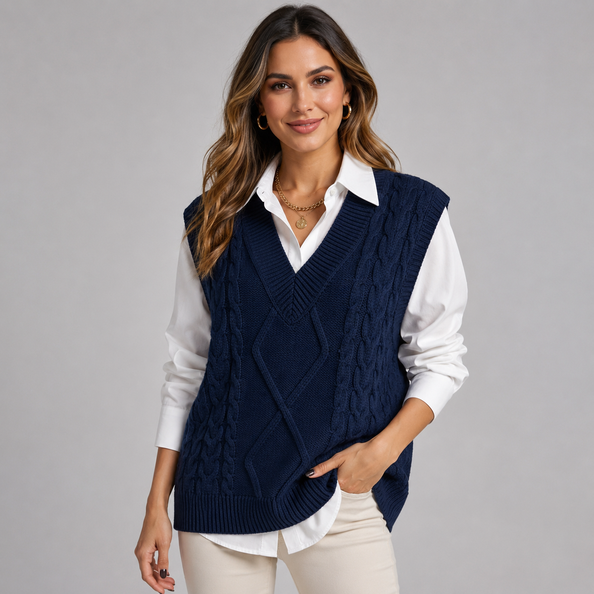 Women's ribbed knit v-neck sweater vest in grey, alternate view