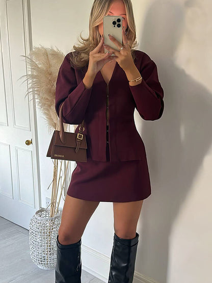 Women's ribbed two piece co-ord set in burgundy, front view