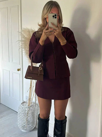 Women's ribbed two piece co-ord set in burgundy, side view