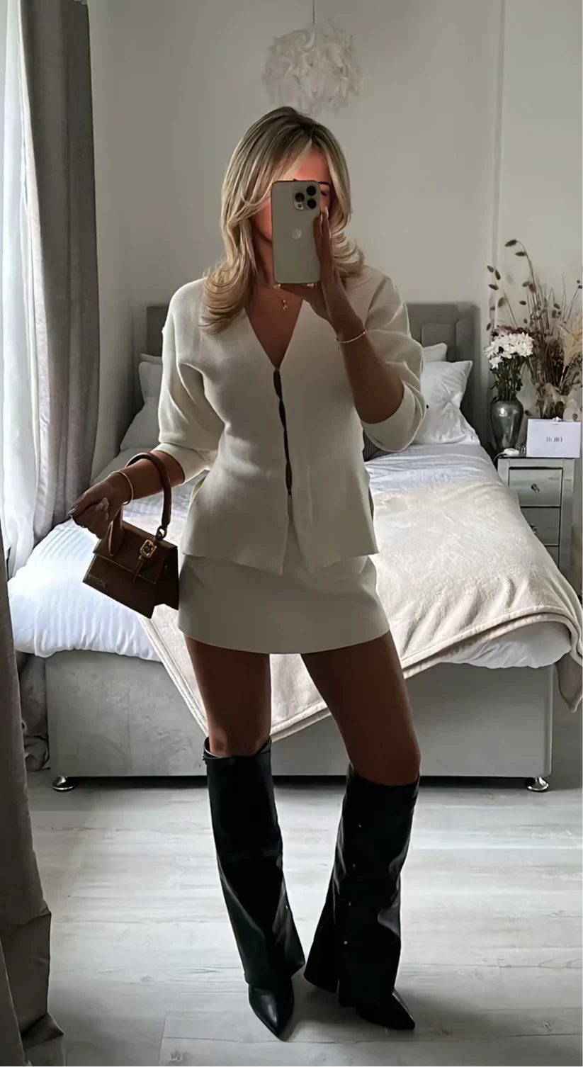 Women's ribbed two piece co-ord set in ivory, front view