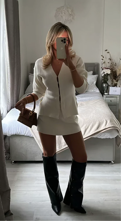 Women's ribbed two piece co-ord set in ivory, front view
