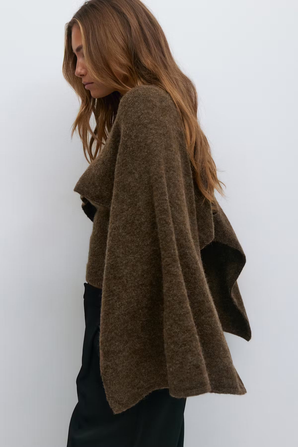 Women's round neck draped coat, side view