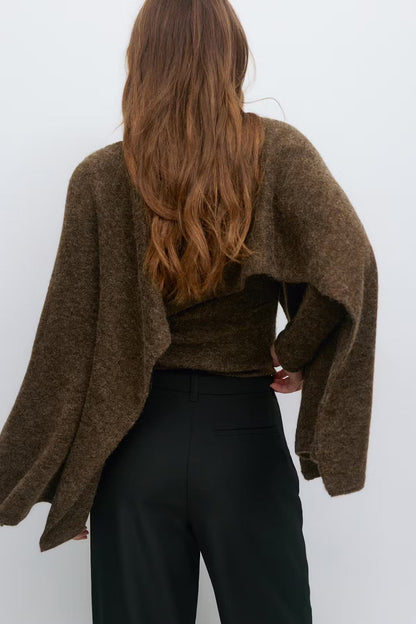 Women's round neck draped coat, back view