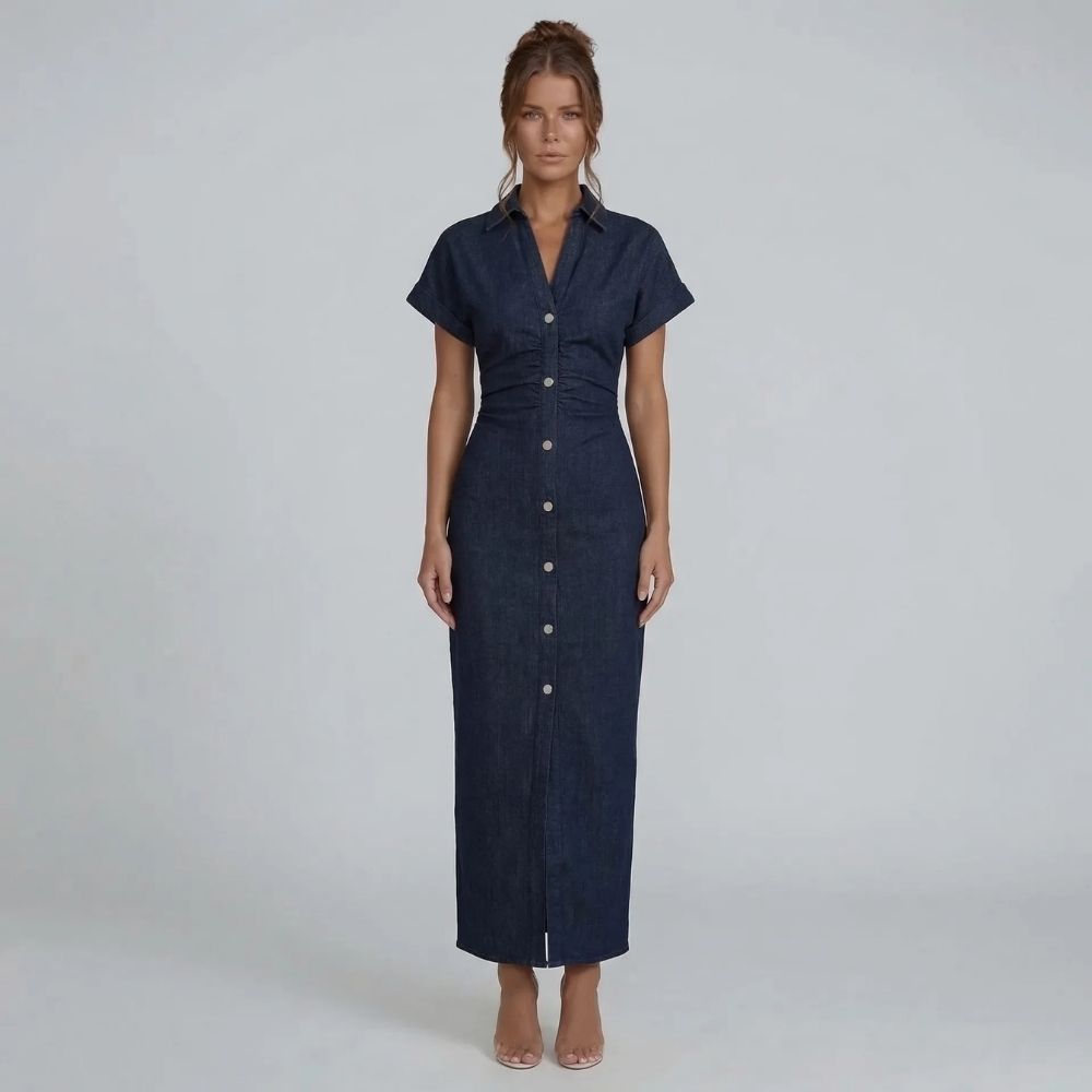 Women's ruched collared short sleeve midi dress in blue, front view